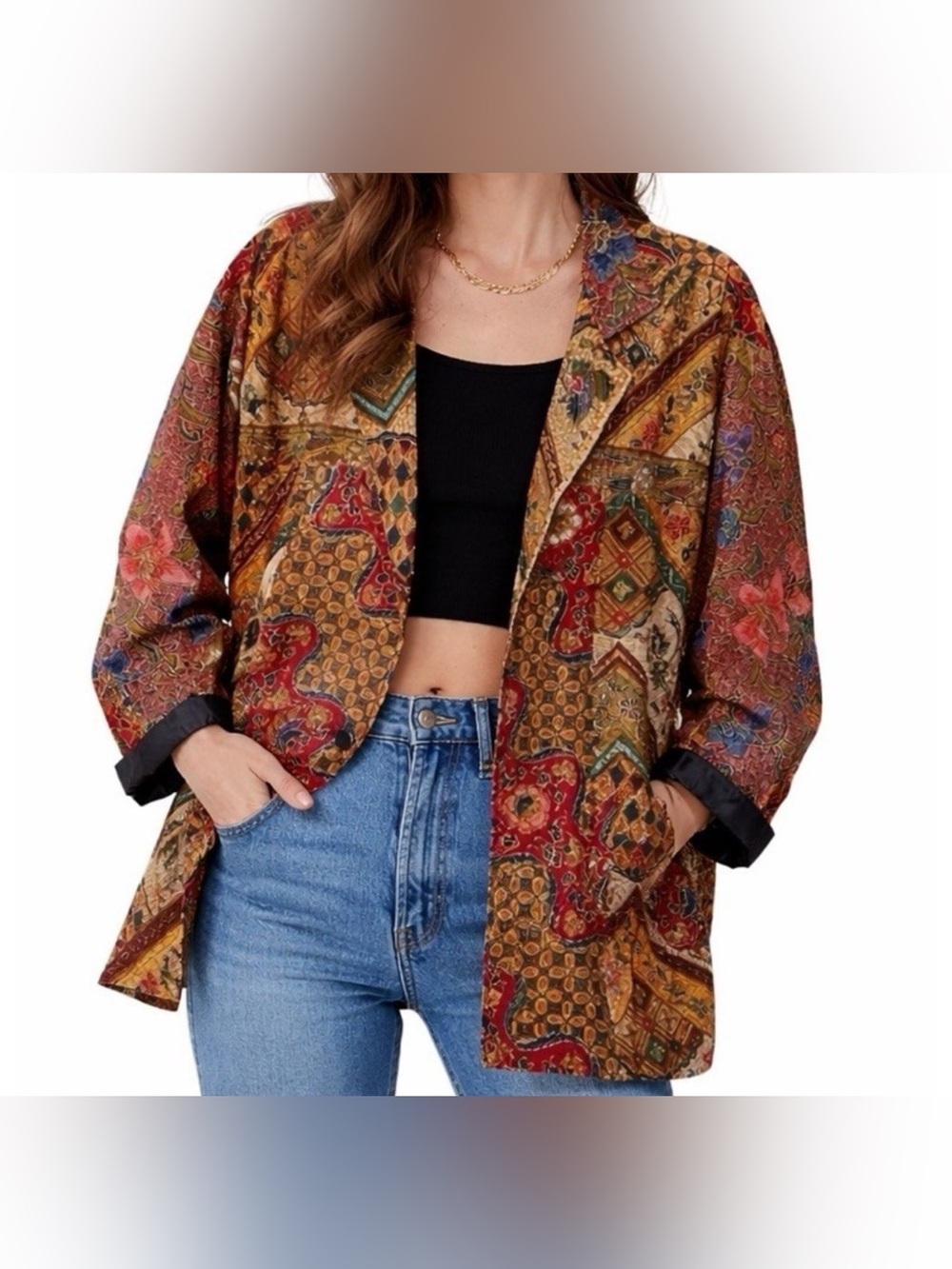Vintage 90s OK MIKE Floral Beaded Jacket Baroque Tapestry Print Boho Relaxed OS